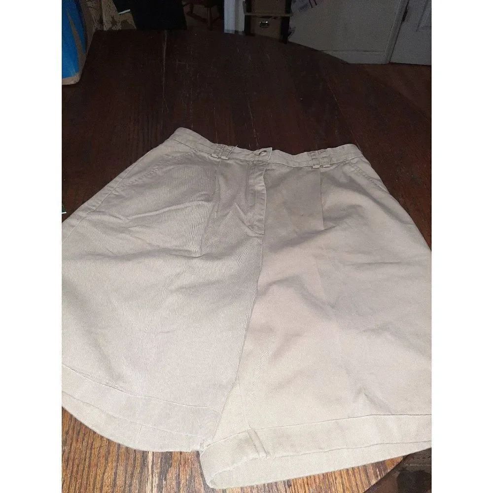 Sz 14 Talbot Cotton Khaki Tan High Waist Pleated Front Bermuda Shorts Cuffed Hem